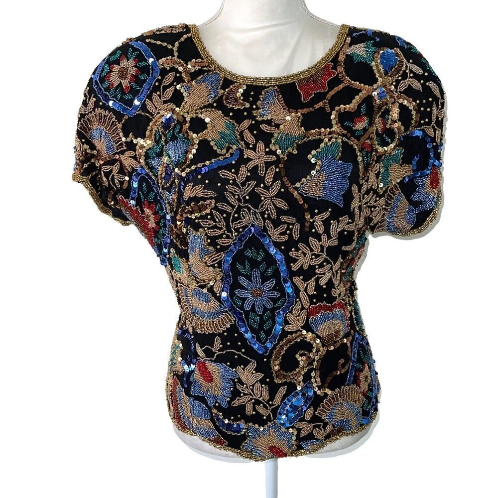 Black Tie I. Magnin Womens Blouse Black Size Medium M Vintage Beaded Zipper Back